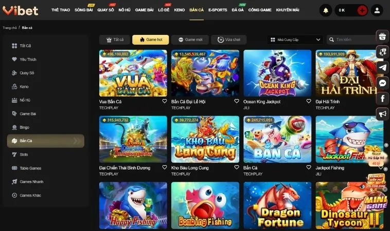 Sảnh bắn cá Vibet quy tụ nhiều tựa game săn cá hấp dẫn