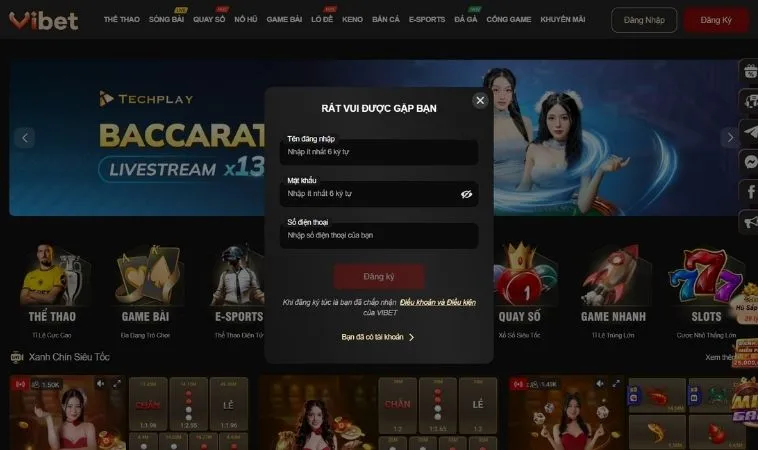 Giao diện đăng ký Vibet88