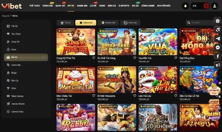 Sảnh nổ hũ Vibet quy tụ nhiều tựa game quay hũ hấp dẫn